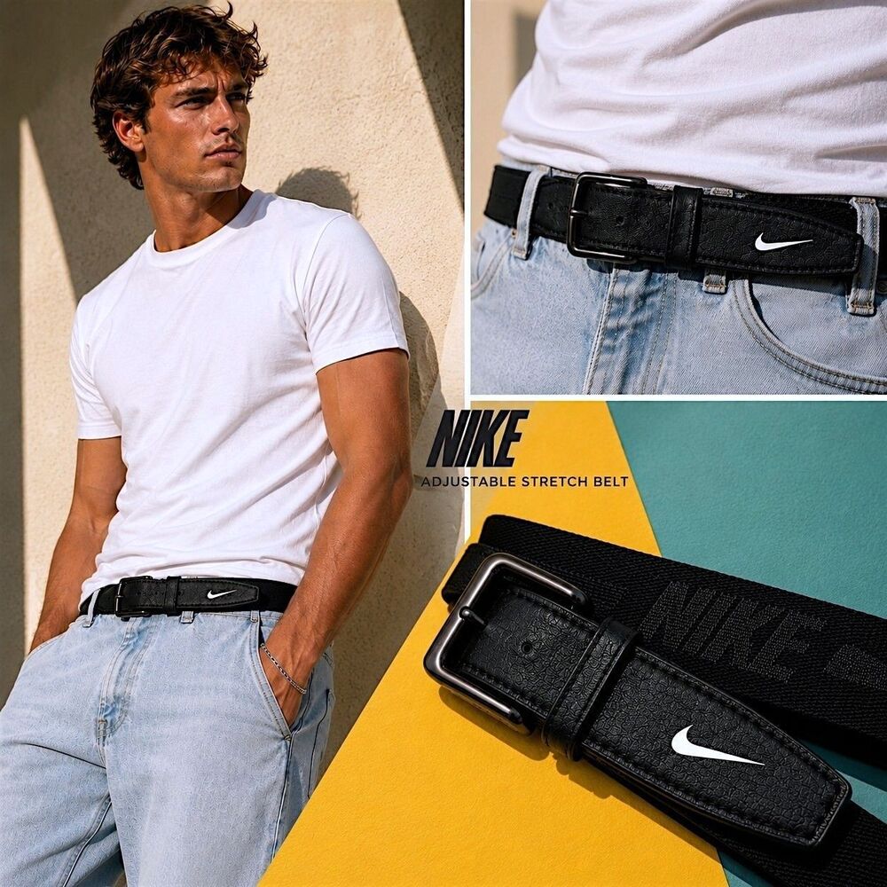 Nike Stretch Web Belt Black Adjustable Swoosh Logo Athletic Golf One Size Preppy